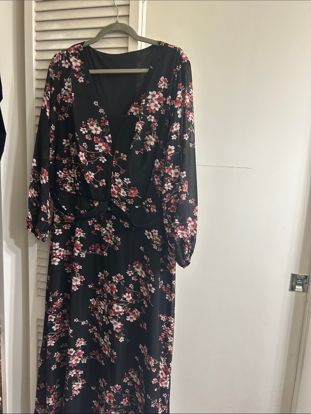 SHEIN Black Long Sleeve Floral Wrap Maxi Dress